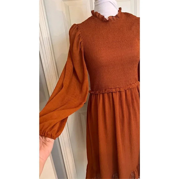 Entrance Womens Small Cinnamon Orange Fit Flare Maxi Ruffle Dress Balloon Sleeve - Picture 3 of 13